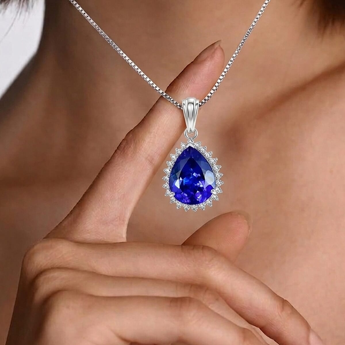 Rhapsody - 950 Platinum AAAA Tanzanite & VS-E-F White Diamond Pear Cut Halo Pendant 11.90 Ct, Platinum Wt. 5.50 Gms