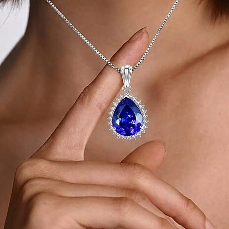 Rhapsody - 950 Platinum AAAA Tanzanite & VS-E-F White Diamond Pear Cut Halo Pendant 11.90 Ct, Platinum Wt. 5.50 Gms
