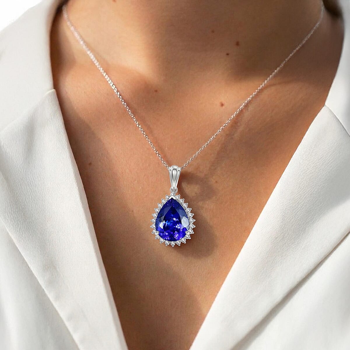 Rhapsody - 950 Platinum AAAA Tanzanite & VS-E-F White Diamond Pear Cut Halo Pendant 11.90 Ct, Platinum Wt. 5.50 Gms