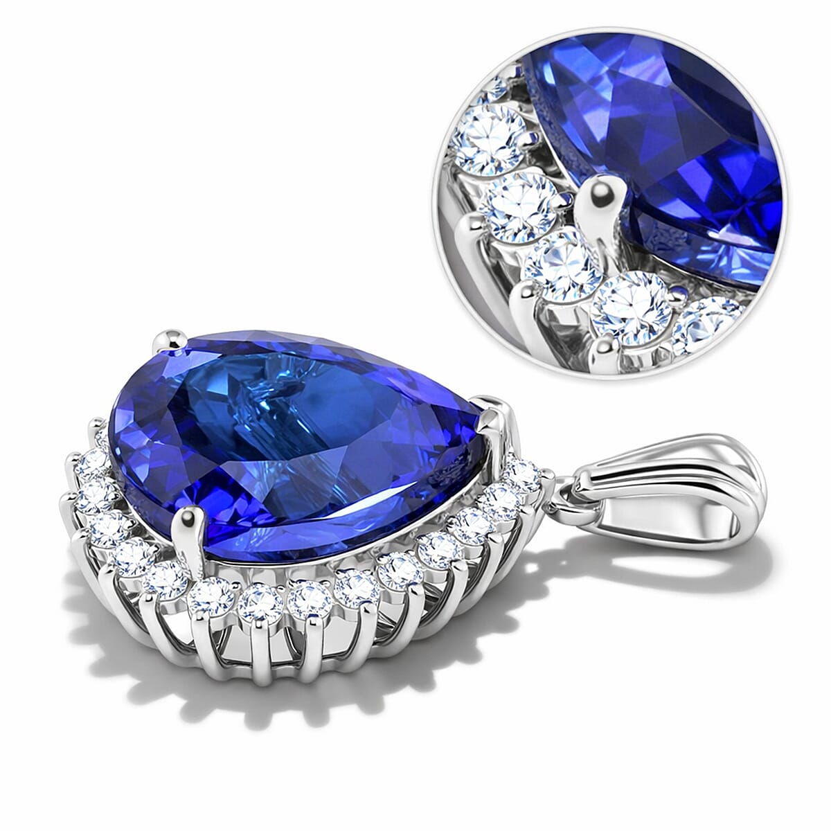 Rhapsody - 950 Platinum AAAA Tanzanite & VS-E-F White Diamond Pear Cut Halo Pendant 11.90 Ct, Platinum Wt. 5.50 Gms