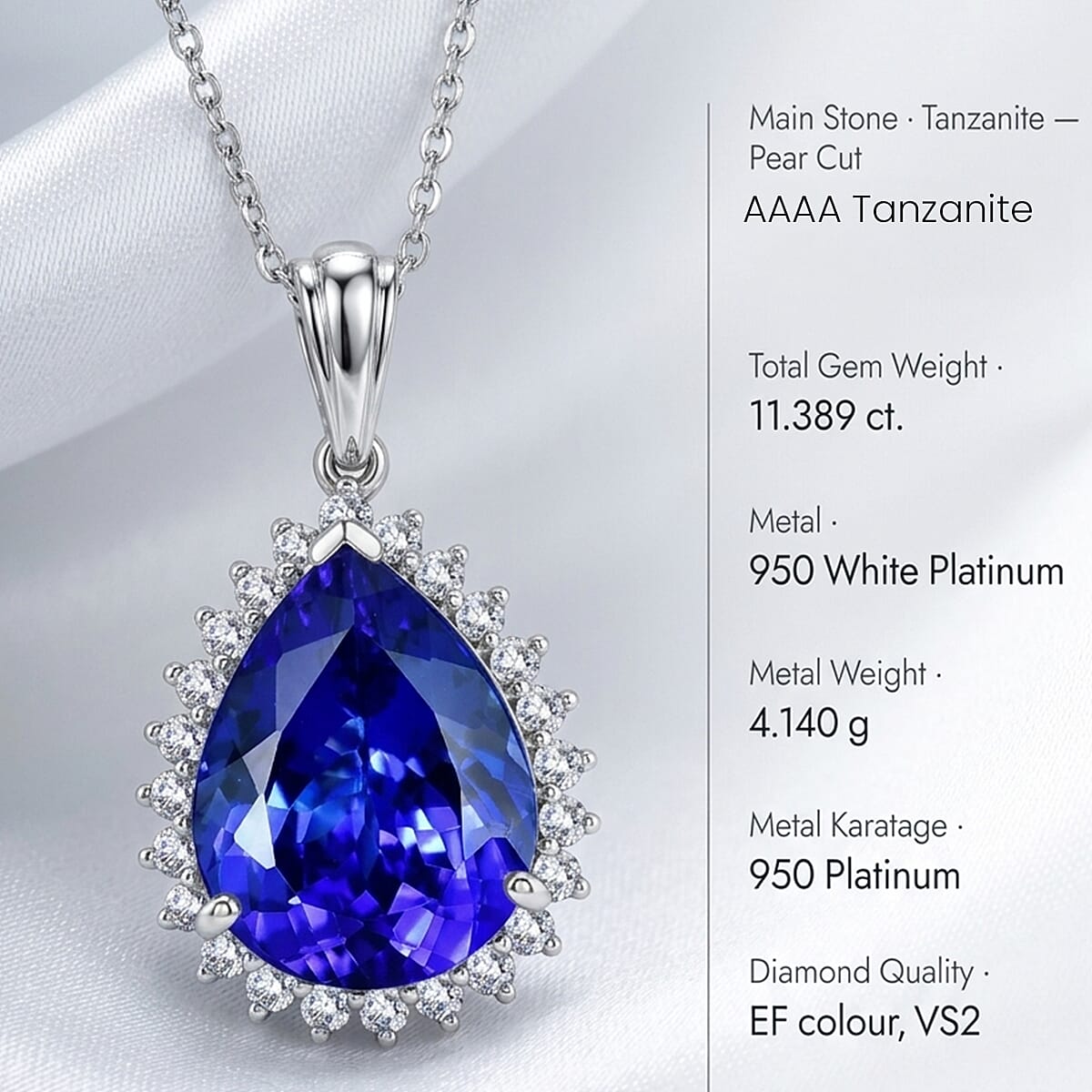 Rhapsody - 950 Platinum AAAA Tanzanite & VS-E-F White Diamond Pear Cut Halo Pendant 11.90 Ct, Platinum Wt. 5.50 Gms
