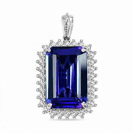 Rhapsody - 950 Platinum AAAA Tanzanite & VS-E-F White Diamond Halo Pendant 14.57 Ct, Platinum Wt. 5.66 Gms