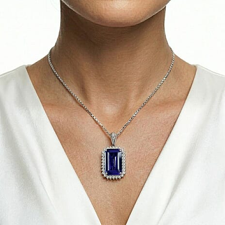 Rhapsody - 950 Platinum AAAA Tanzanite & VS-E-F White Diamond Halo Pendant 14.57 Ct, Platinum Wt. 5.66 Gms