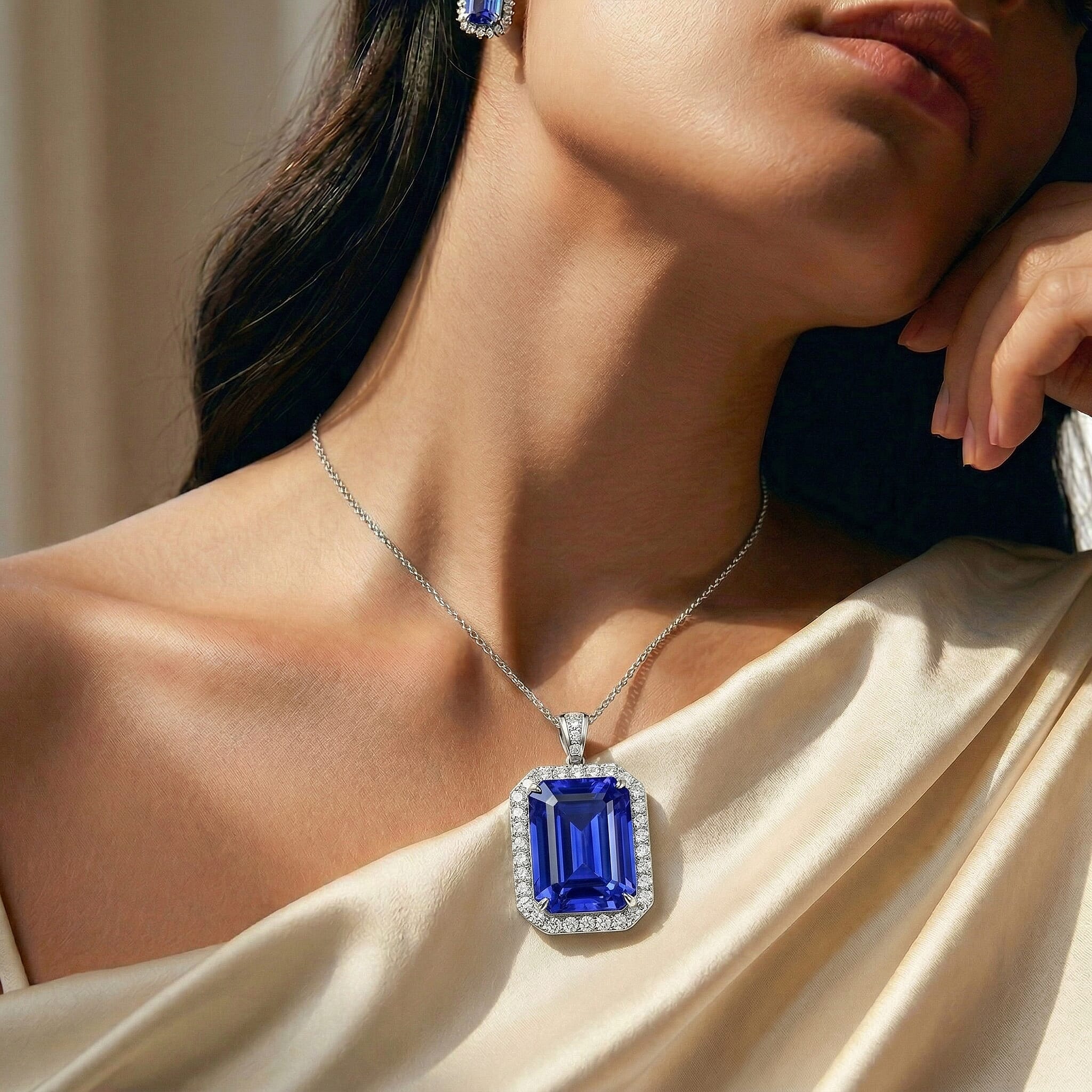 Rhapsody - 950 Platinum AAAA Tanzanite & VS-E-F White Diamond Halo Pendant 14.57 Ct, Platinum Wt. 5.66 Gms