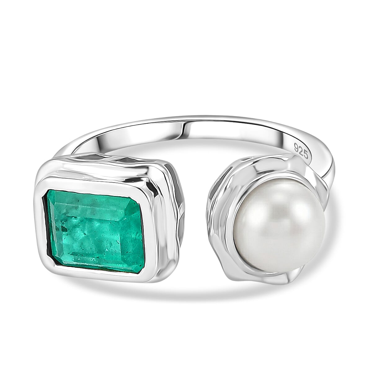 GP - Emeraldine Triplet Quartz, Fresh Water Pearl & Kanchanaburi Blue Sapphire Ring in Rhodium Overlay Sterling Silver 3.58 Ct.