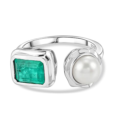 GP - Emeraldine Triplet Quartz, Fresh Water Pearl & Blue Sapphire Ring in Rhodium Overlay Sterling Silver 3.58 Ct. GP - Emeraldine Triplet Quartz, Fresh Water Pearl & Blue Sapphire Ring in Rhodium Overlay Sterling Silver 3.58 Ct.