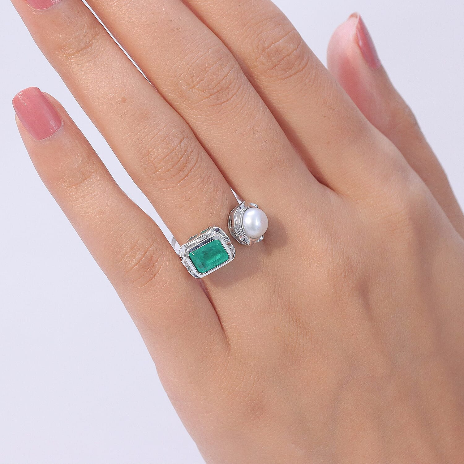 GP - Emeraldine Triplet Quartz, Fresh Water Pearl & Kanchanaburi Blue Sapphire Ring in Rhodium Overlay Sterling Silver 3.58 Ct.