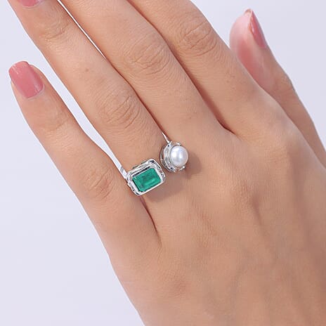 GP - Emeraldine Triplet Quartz, Fresh Water Pearl & Blue Sapphire Ring in Rhodium Overlay Sterling Silver 3.58 Ct.