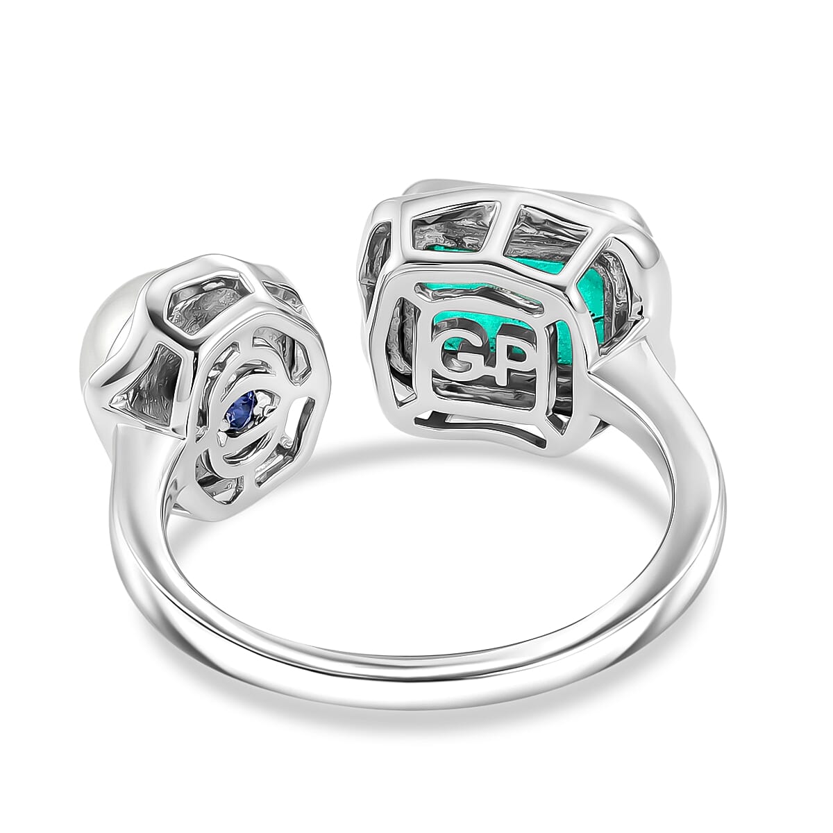 GP - Emeraldine Triplet Quartz, Fresh Water Pearl & Kanchanaburi Blue Sapphire Ring in Rhodium Overlay Sterling Silver 3.58 Ct.