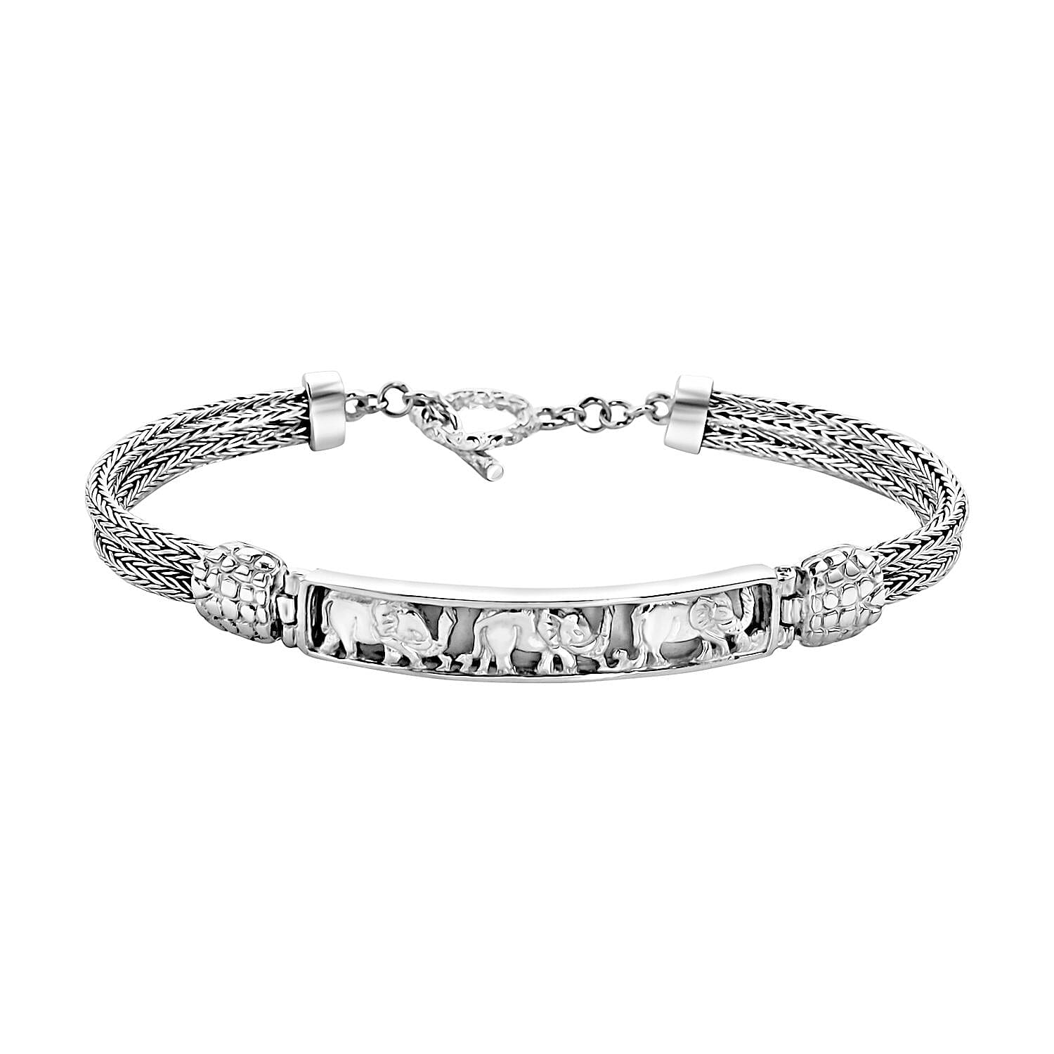 Royal Bali Collection - Sterling Silver Elephant Runway Bracelet (Size - 7.5) with T Bar Clasp, Silver Wt.13.8 Gms