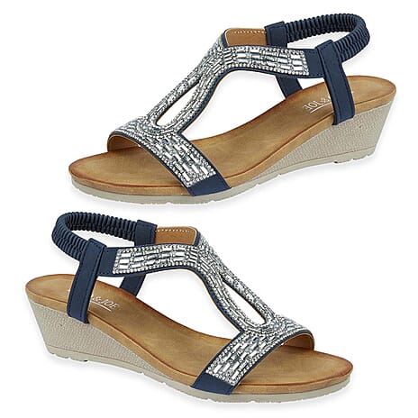 Jo - Joe Cape Verde Ladies Mid Heel Wedge Comfort Sandal With Glitzy Jewels, Elasticated Slingback Strap And Flexible Sole (Size 4) - Navy