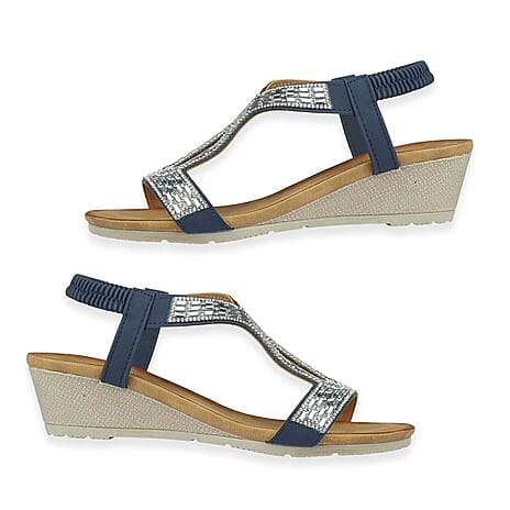 Jo - Joe Cape Verde Ladies Mid Heel Wedge Comfort Sandal With Glitzy Jewels, Elasticated Slingback Strap And Flexible Sole (Size 6) - Navy