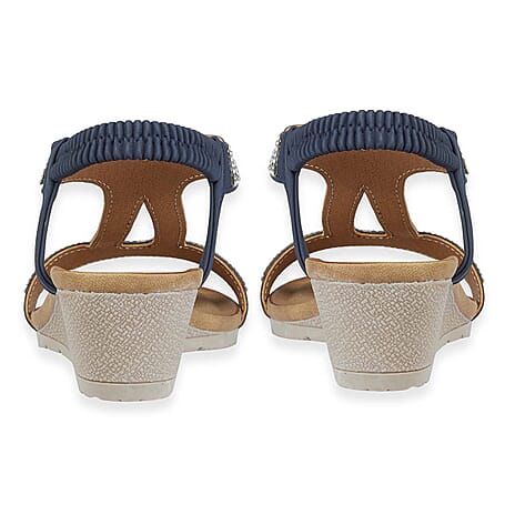 Jo - Joe Cape Verde Ladies Mid Heel Wedge Comfort Sandal With Glitzy Jewels, Elasticated Slingback Strap And Flexible Sole (Size 7) - Navy