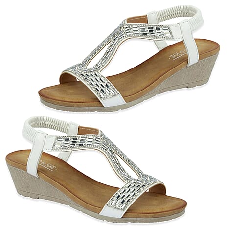 Jo - Joe Cape Verde Ladies Mid Heel Wedge Comfort Sandal With Glitzy Jewels, Elasticated Slingback Strap And Flexible Sole (Size 4) - White