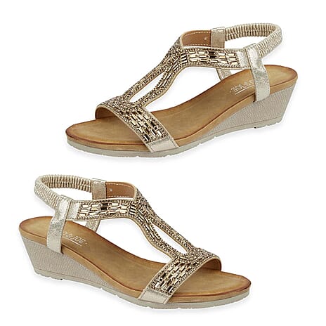 Jo - Joe Cape Verde Ladies Mid Heel Wedge Comfort Sandal With Glitzy Jewels, Elasticated Slingback Strap And Flexible Sole (Size 6) - Rose Gold