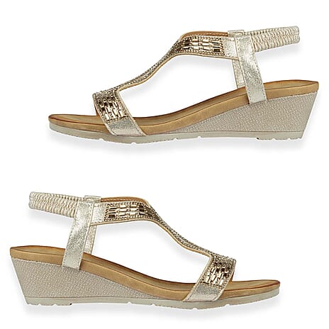 Jo - Joe Cape Verde Ladies Mid Heel Wedge Comfort Sandal With Glitzy Jewels, Elasticated Slingback Strap And Flexible Sole (Size 6) - Rose Gold