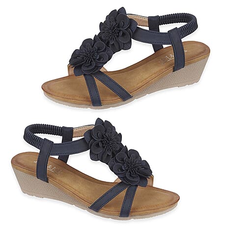Jo - Joe Bloomsbury Ladies Lightweight Wedge Sandal With Flower Trims And Elasticated Back Strap (Size 6) - Navy