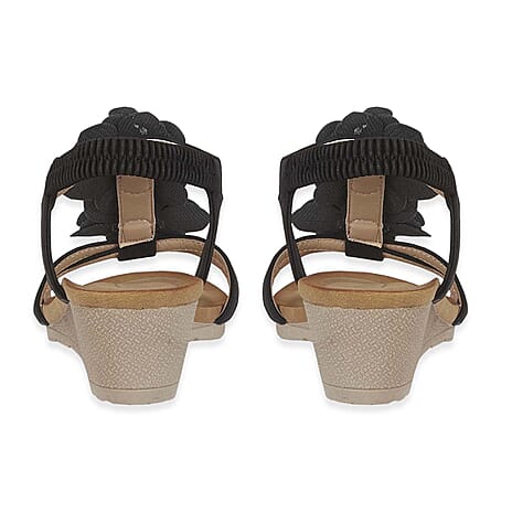 Jo - Joe Bloomsbury Ladies Lightweight Wedge Sandal With Flower Trims And Elasticated Back Strap (Size 6) - Navy