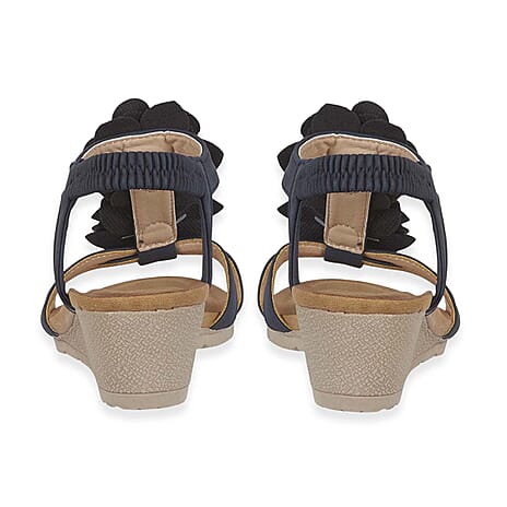 Jo - Joe Bloomsbury Ladies Lightweight Wedge Sandal With Flower Trims And Elasticated Back Strap (Size 4) - Black