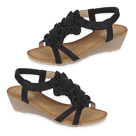Jo - Joe Bloomsbury Ladies Lightweight Wedge Sandal With Flower Trims And Elasticated Back Strap (Size 8) - Black
