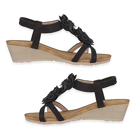 Jo - Joe Bloomsbury Ladies Lightweight Wedge Sandal With Flower Trims And Elasticated Back Strap (Size 8) - Black