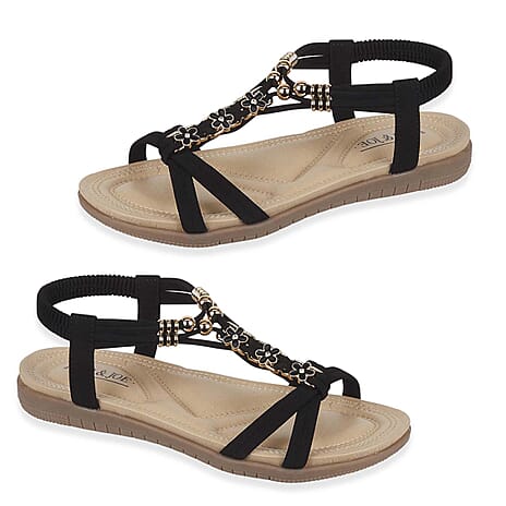 Jo - Joe Petula Ladies Lightweight Cushioned Sandal with Beaded Trims - Elasicated Back Strap (Size 4) - Black