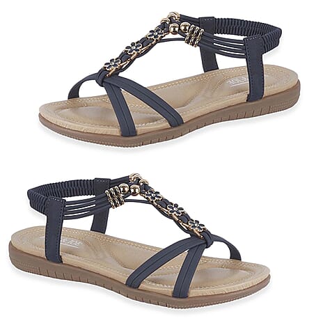 Jo - Joe Petula Ladies Lightweight Cushioned Sandal with Beaded Trims - Elasicated Back Strap (Size 4) - Navy