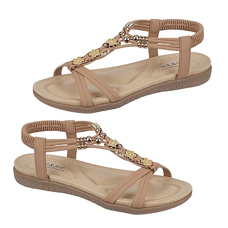 Jo - Joe Petula Ladies Lightweight Cushioned Sandal with Beaded Trims - Elasicated Back Strap (Size 4) - Taupe