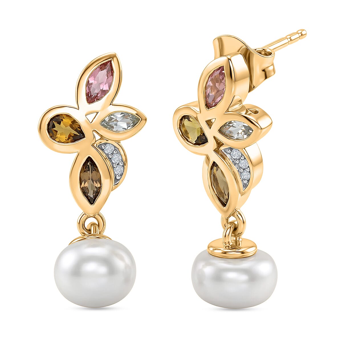 D'Joy - Multi-Tourmaline, Fresh Water Pearl & White Zircon Dangling Earring with Push Post in Yellow Gold Plated Sterling Silver 5.82 Ct.