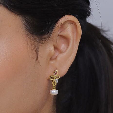 D'Joy - Multi-Tourmaline, Fresh Water Pearl & White Zircon Dangling Earring with Push Post in Yellow Gold Plated Sterling Silver 5.82 Ct.