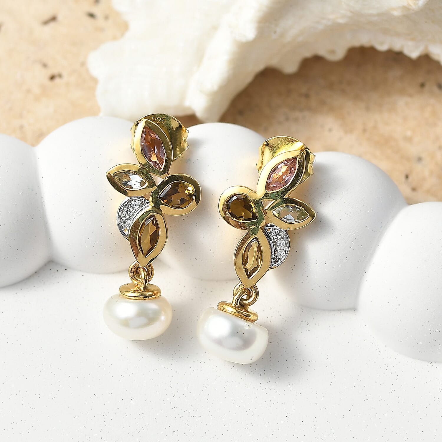 D'Joy - Multi-Tourmaline, Fresh Water Pearl & White Zircon Dangling Earring with Push Post in Yellow Gold Plated Sterling Silver 5.82 Ct.