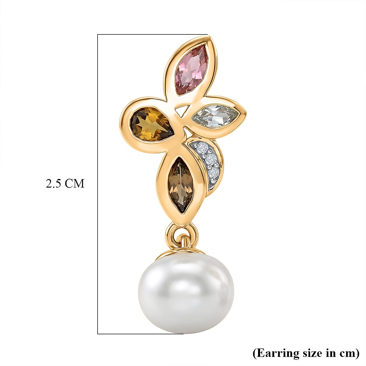D'Joy - Multi-Tourmaline, Fresh Water Pearl & White Zircon Dangling Earring with Push Post in Yellow Gold Plated Sterling Silver 5.82 Ct.