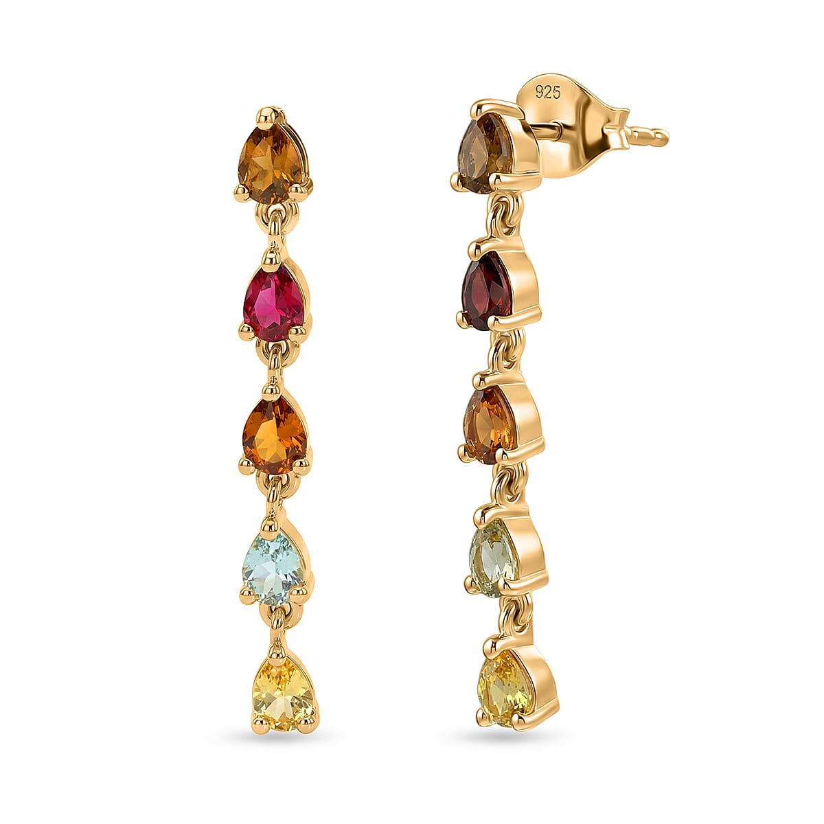 D'Joy - Multi-Tourmaline Dangling Earring with Push Post in Yellow Gold Plated Sterling Silver 1.60 Ct.