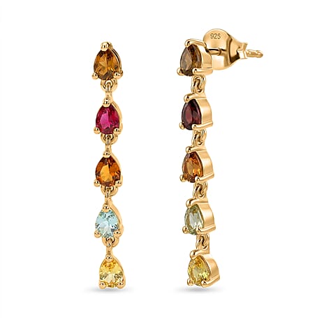 D'Joy - Multi-Tourmaline Dangling Earring with Push Post in Yellow Gold Plated Sterling Silver 1.60 Ct.