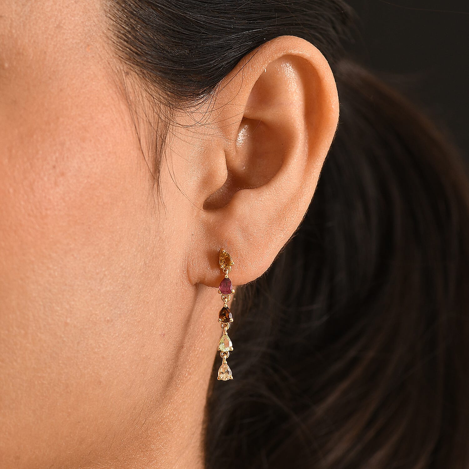 D'Joy - Multi-Tourmaline Dangling Earring with Push Post in Yellow Gold Plated Sterling Silver 1.60 Ct.