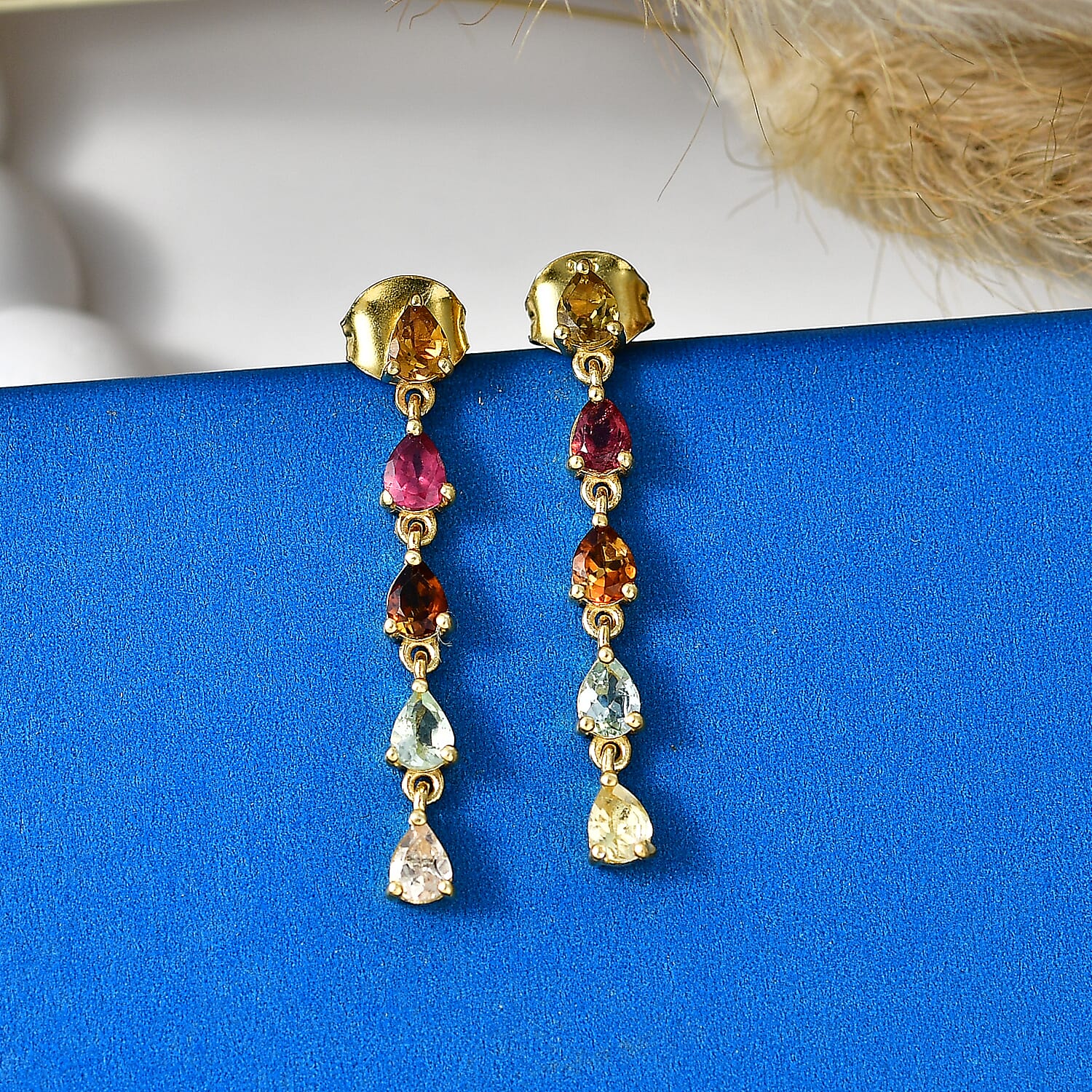 D'Joy - Multi-Tourmaline Dangling Earring with Push Post in Yellow Gold Plated Sterling Silver 1.60 Ct.