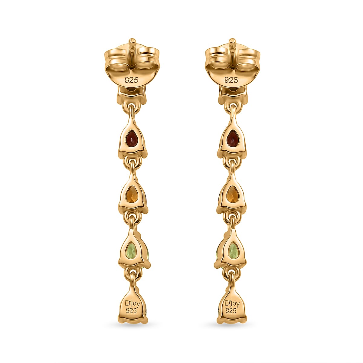 D'Joy - Multi-Tourmaline Dangling Earring with Push Post in Yellow Gold Plated Sterling Silver 1.60 Ct.