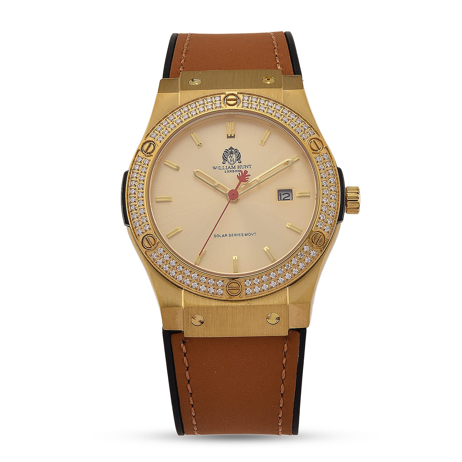 TJC 20TH ANNIVERSARY COMMISSION EXCLUSIVE - WILLIAM HUNT Limited Edition Epson Solar AS32 Movt. 5ATM WR Gold Sunshine & Moissanite Dial & Gold Case Watch with Coffee Strap (Adjustable)