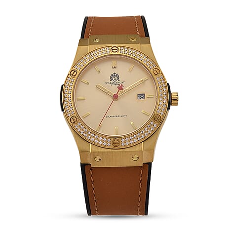 TJC 20TH ANNIVERSARY COMMISSION EXCLUSIVE - WILLIAM HUNT Limited Edition Epson Solar AS32 Movt. 5ATM WR Gold Sunshine & Moissanite Dial & Gold Case Watch with Coffee Strap (Adjustable)