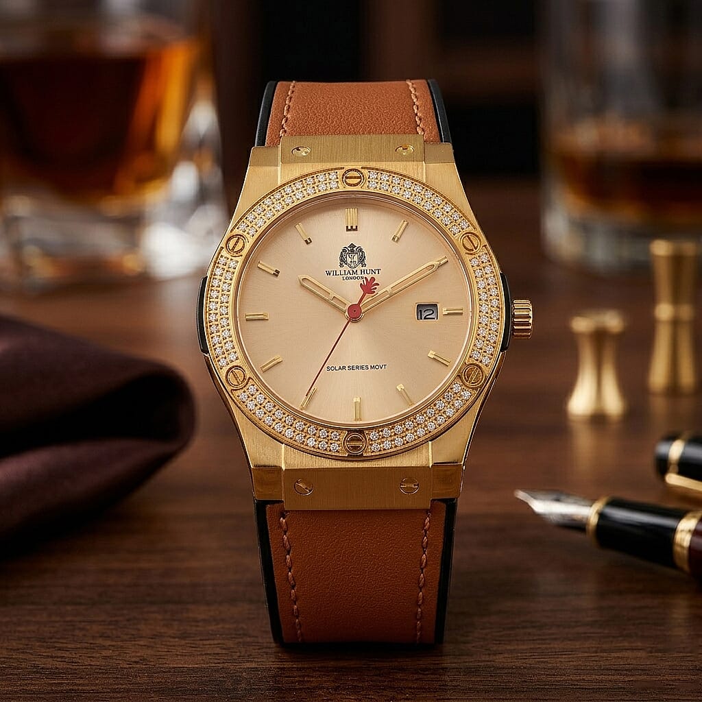 TJC 20TH ANNIVERSARY COMMISSION EXCLUSIVE - WILLIAM HUNT Limited Edition Epson Solar AS32 Movt. 5ATM WR Gold Sunshine & Moissanite Dial & Gold Case Watch with Coffee Strap (Adjustable)