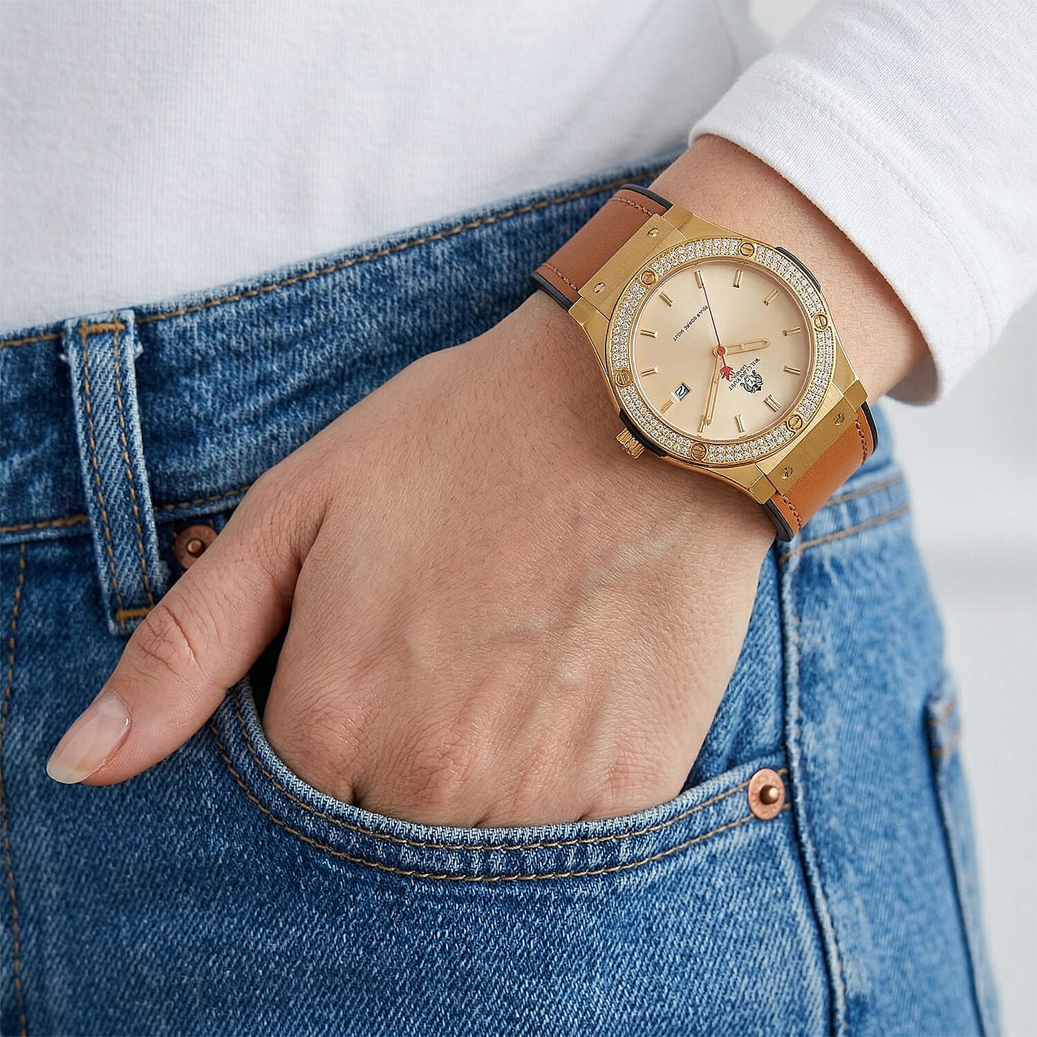 TJC 20TH ANNIVERSARY COMMISSION EXCLUSIVE - WILLIAM HUNT Limited Edition Epson Solar AS32 Movt. 5ATM WR Gold Sunshine & Moissanite Dial & Gold Case Watch with Coffee Strap (Adjustable)