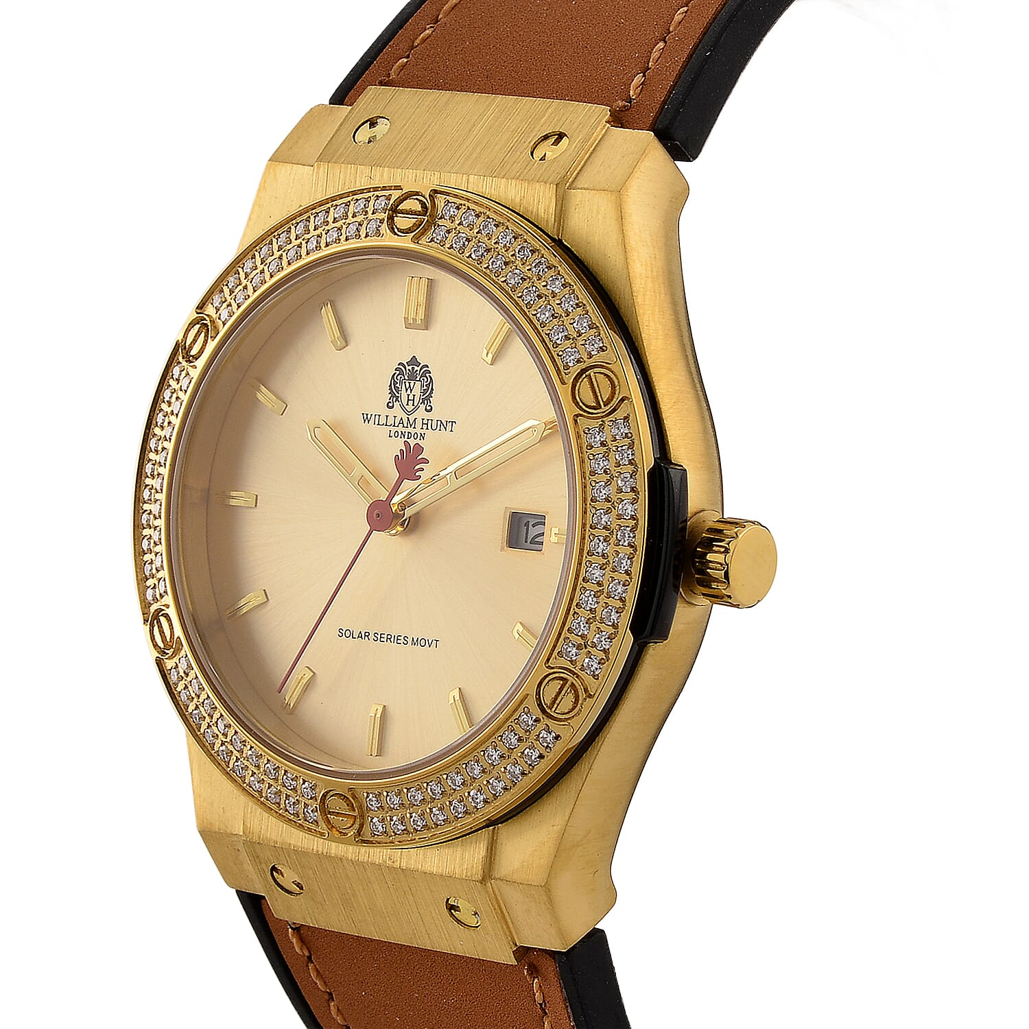 TJC 20TH ANNIVERSARY COMMISSION EXCLUSIVE - WILLIAM HUNT Limited Edition Epson Solar AS32 Movt. 5ATM WR Gold Sunshine & Moissanite Dial & Gold Case Watch with Coffee Strap (Adjustable)