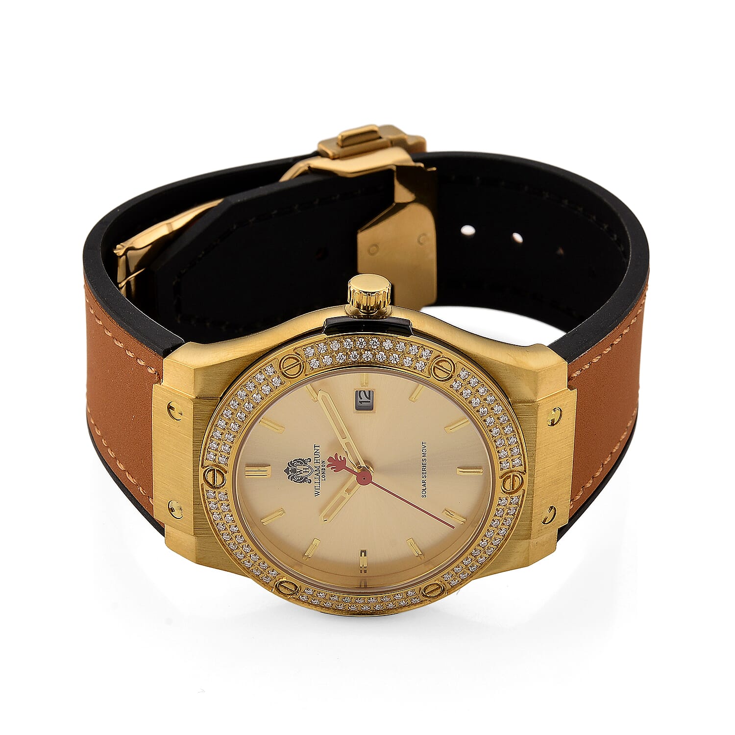 TJC 20TH ANNIVERSARY COMMISSION EXCLUSIVE - WILLIAM HUNT Limited Edition Epson Solar AS32 Movt. 5ATM WR Gold Sunshine & Moissanite Dial & Gold Case Watch with Coffee Strap (Adjustable)