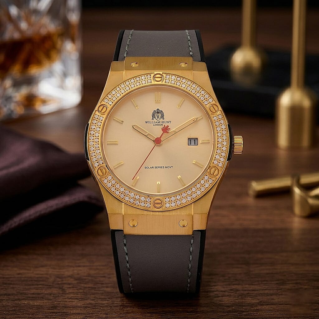 TJC 20TH ANNIVERSARY COMMISSION EXCLUSIVE - WILLIAM HUNT Limited Edition Epson Solar AS32 Movt. 5ATM WR Gold Sunshine & Moissanite Dial & Gold Case Watch with Black Strap (Adjustable)