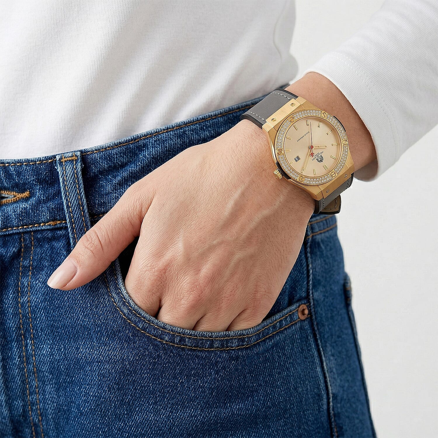 TJC 20TH ANNIVERSARY COMMISSION EXCLUSIVE - WILLIAM HUNT Limited Edition Epson Solar AS32 Movt. 5ATM WR Gold Sunshine & Moissanite Dial & Gold Case Watch with Black Strap (Adjustable)