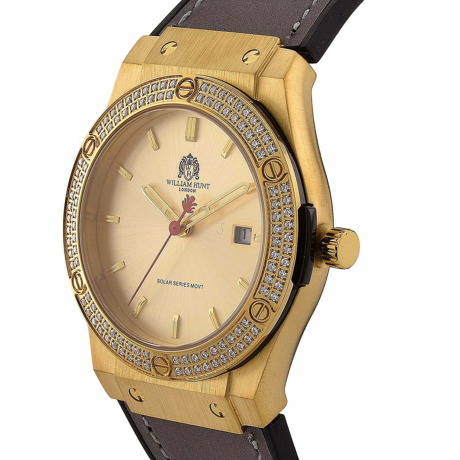 TJC 20TH ANNIVERSARY COMMISSION EXCLUSIVE - WILLIAM HUNT Limited Edition Epson Solar AS32 Movt. 5ATM WR Gold Sunshine & Moissanite Dial & Gold Case Watch with Black Strap (Adjustable)