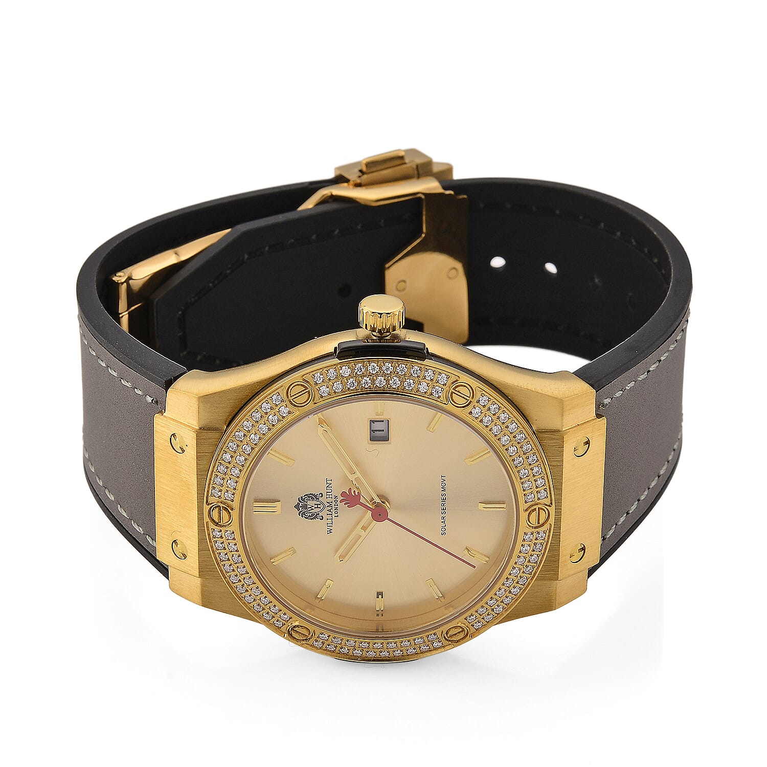 TJC 20TH ANNIVERSARY COMMISSION EXCLUSIVE - WILLIAM HUNT Limited Edition Epson Solar AS32 Movt. 5ATM WR Gold Sunshine & Moissanite Dial & Gold Case Watch with Black Strap (Adjustable)