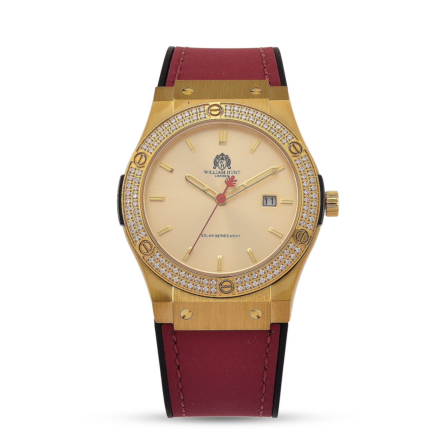 TJC 20TH ANNIVERSARY COMMISSION EXCLUSIVE - WILLIAM HUNT Limited Edition Epson Solar AS32 Movt. 5ATM WR Gold Sunshine & Moissanite Dial & Gold Case Watch with Red Strap (Adjustable)