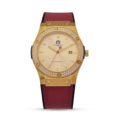 TJC 20TH ANNIVERSARY COMMISSION EXCLUSIVE - WILLIAM HUNT Limited Edition Epson Solar AS32 Movt. 5ATM WR Gold Sunshine & Moissanite Dial & Gold Case Watch with Red Strap (Adjustable)