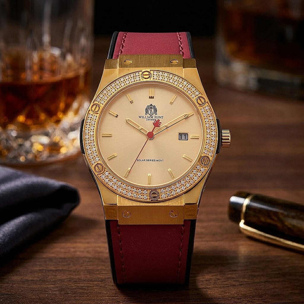 TJC 20TH ANNIVERSARY COMMISSION EXCLUSIVE - WILLIAM HUNT Limited Edition Epson Solar AS32 Movt. 5ATM WR Gold Sunshine & Moissanite Dial & Gold Case Watch with Red Strap (Adjustable)